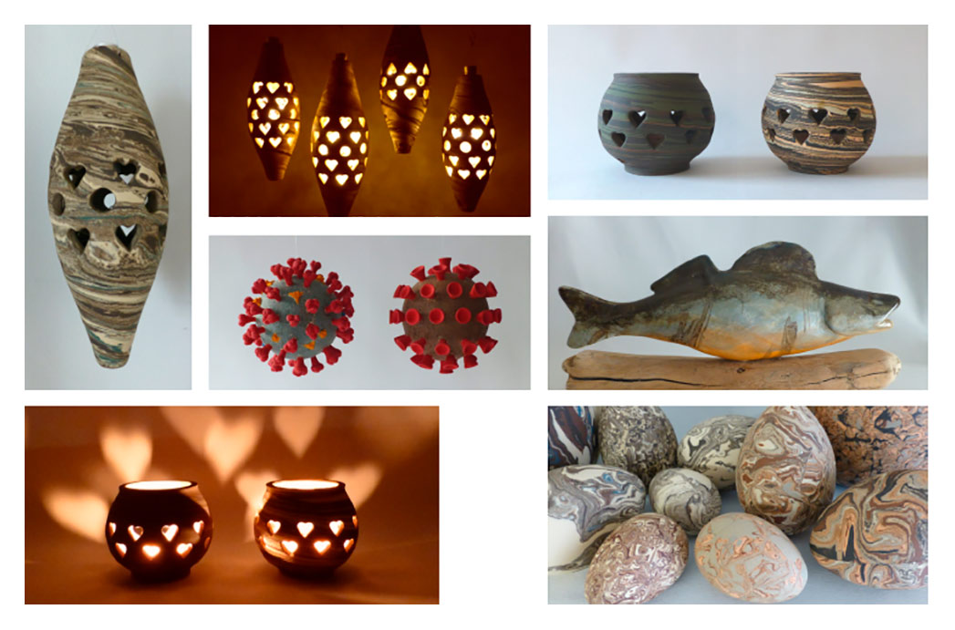 Teelichter, Coronavirus, Fisch- und Eiskulpturen aus Ton und Gips